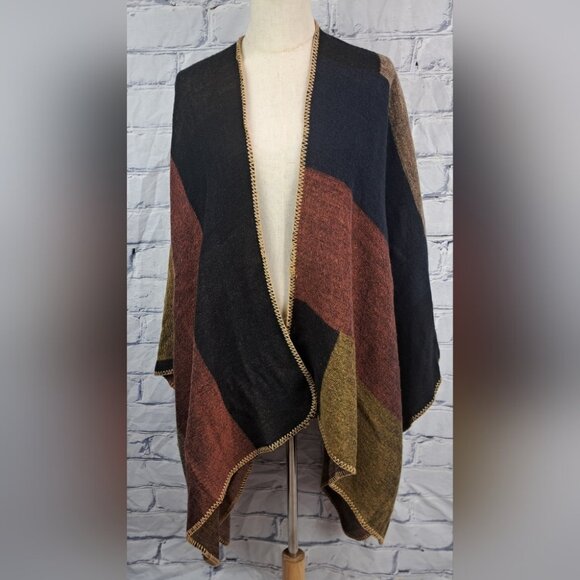 Danier Womens Cape Poncho Boho Wrap Blanket Shawl Open Front Colorblock One Size - Picture 1 of 13